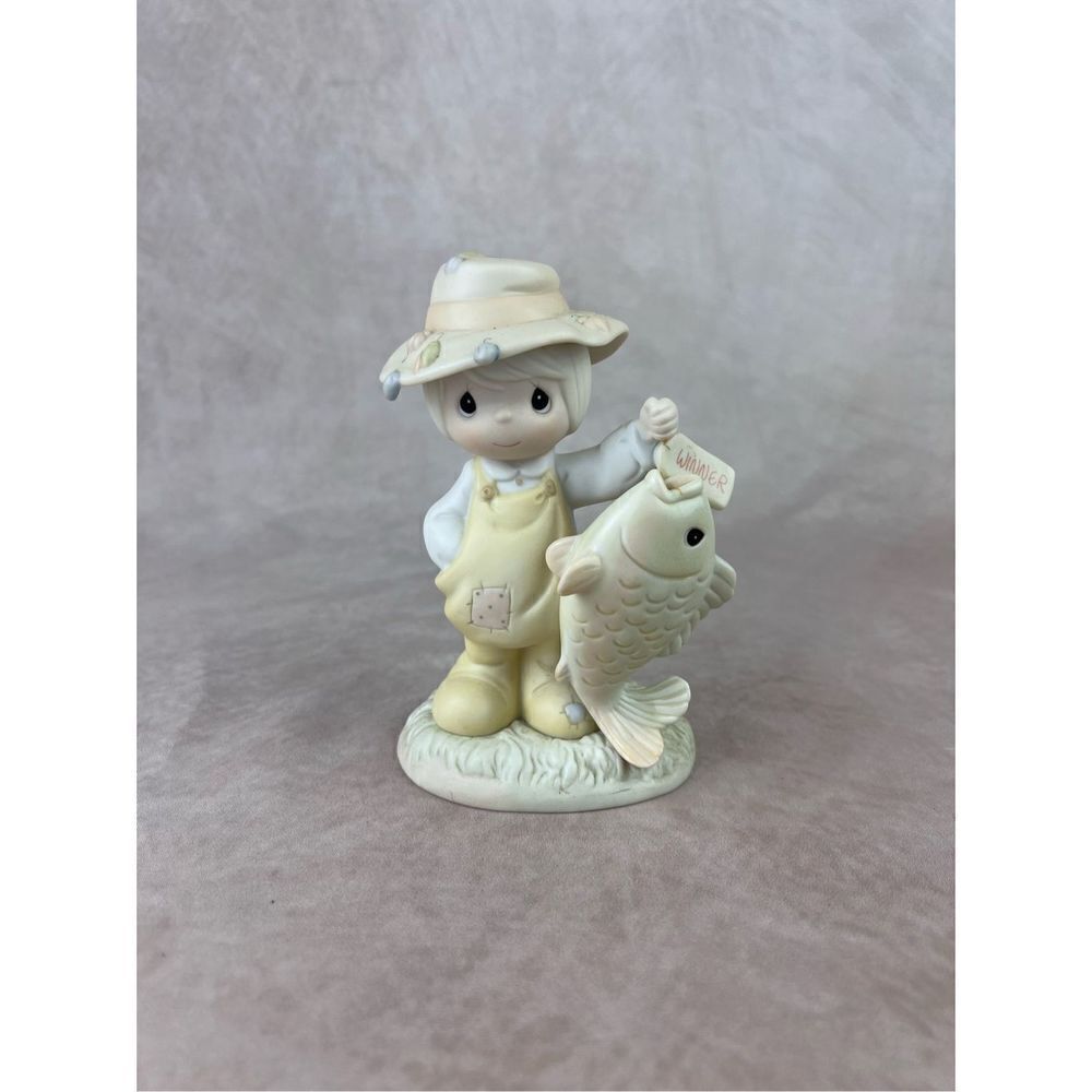 Vintage Fisherman Precious Moments Enesco Little Fisher Person Big Fish Hat Lure